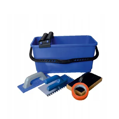 Kit complet pour la pose de carrelage comprenant un seau à coulis, une taloche à coulis, une éponge et une truelle à colle de 8 mm
